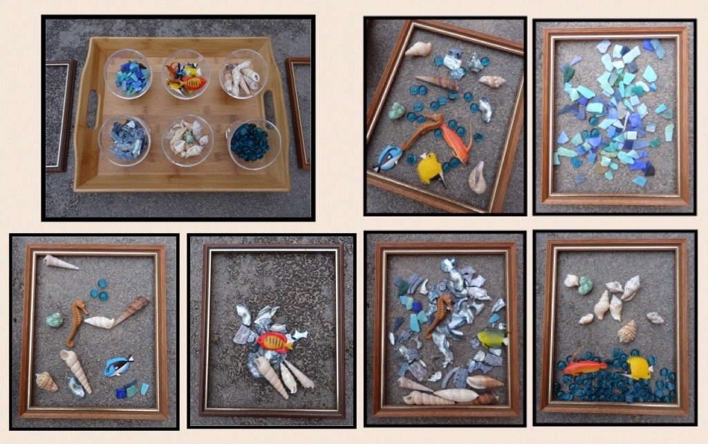 1. Transient art with empty frames and ocean inspired loose parts - from Stimulating Learning with Rachel