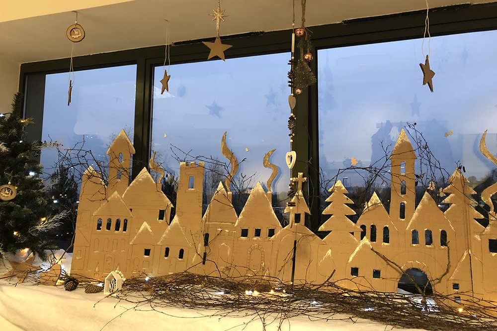 Recycled cardboard box Christmas village scene display by Lottie Makes
