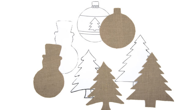 Christmas shapes made out of paper backed hessian.