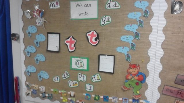 School display board with Storytime Phonics work.