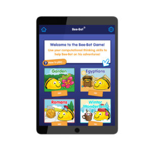 Image of a Bee-Bot App screenshot showing images of 4 of the 8 games that can be played.