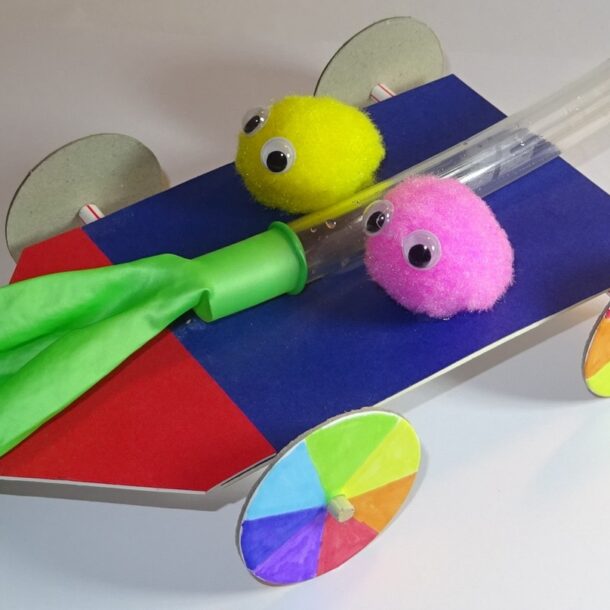 Completed balloon buggy with extension on the front and deflated balloon.