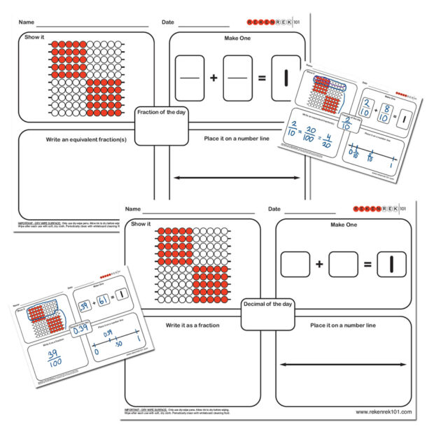 Images shows Rekenrek Practice Charts Fraction and Decimal Bundle. The charts have pictures of rekenreks on then and spaces to add calculations.