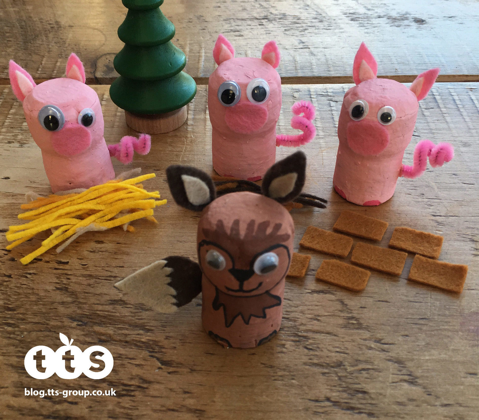 3 little pigs cork characters by Lottie Makes