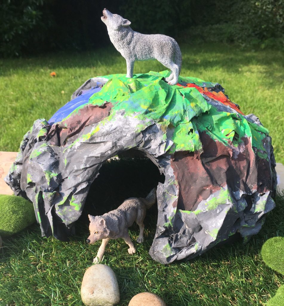 Papier mache minecraft or bear cave for small world play by Lottie Makes