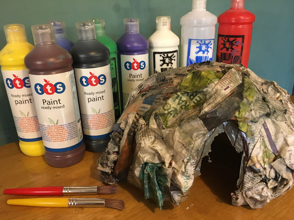 Papier mache minecraft or bear cave for small world play