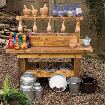 Create powerful learning provocations with Outdoor Wooden Messy Concoctions Bench