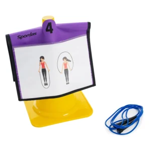 Cross-Curricular cone folder on a cone with an image depicting a skipping move for a child to follow.