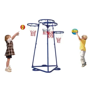 Children playing with a four hoop basketball trainer unit, practising scoring goals.