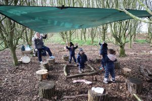 Eco-friendly practice- start a forest school - children in the forest under canopy with practitioner