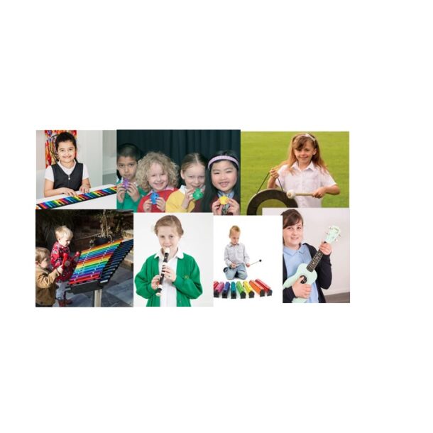 Montage picture showing children playing different musical instruments.