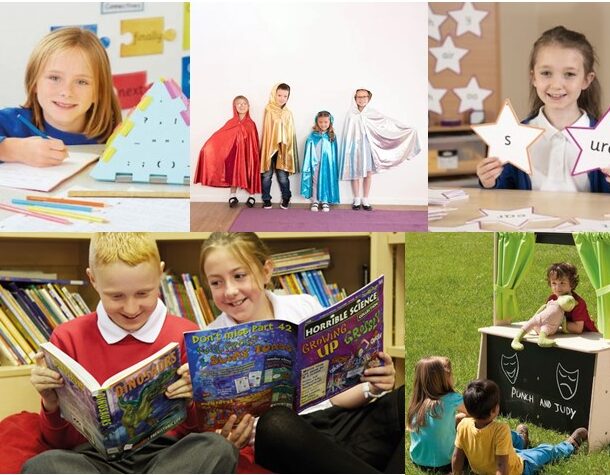 Montage of photographs showing children enjoying different literacy activities.