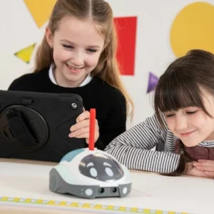 An image showing a coding STEM activity idea. The children are using a TTS designed Loti-Bot robot to draw.