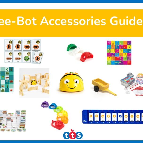 Front cover to Bee-Bot Accessories Guide. featuring an image of Bee-Bot and photographs of accessories.