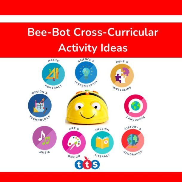 Bee-Bot Cross-Curricular Activity Ideas Front Cover, featuring an image of Bee-Bot surrounded by primary curriculum subject icons
