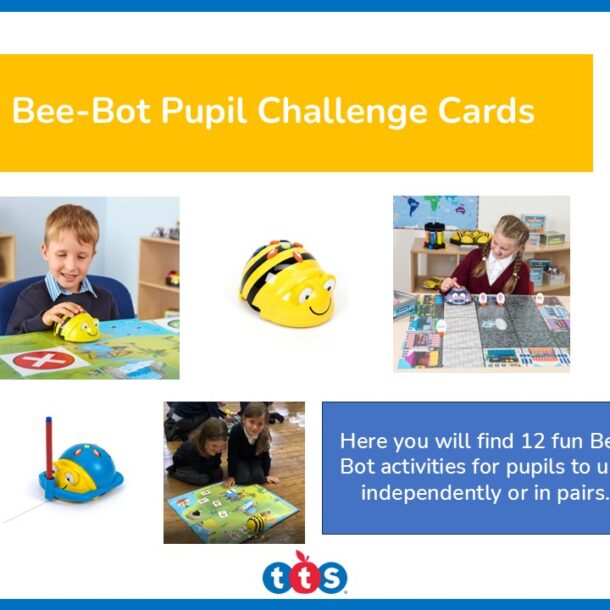 Bee-Bot Pupil Challenge Cards Front Cover, featuring Bee-Bot, some of Bee-Bot's accessories and photographs of school children using Bee-Bot and some of its accessories.