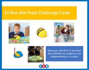 Bee-Bot Pupil Challenge Cards Front Cover, featuring Bee-Bot, some of Bee-Bot's accessories and photographs of school children using Bee-Bot and some of its accessories.