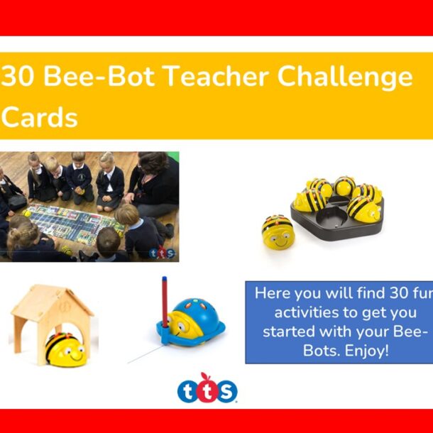 Bee-Bot Teacher Challenge Cards Front Cover, featuring an image of Bee-Bot, some of its accessories and a photograph of school children using Bee-Bot in a lesson.