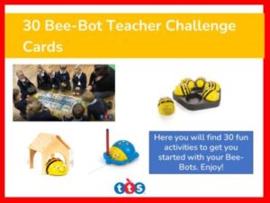 Bee-Bot Teacher Challenge Cards Front Cover, featuring an image of Bee-Bot, some of its accessories and a photograph of school children using Bee-Bot in a lesson.
