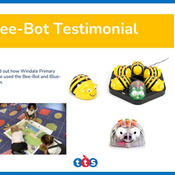 Bee-Bot Testimonial Front Cover, featuring images of Bee-Bot and children using Bee-Bot.
