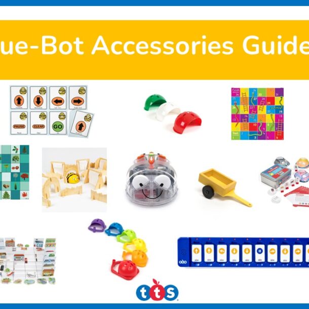 Blue-Bot Accessories Guide Front Cover, featuring an image of Blue-Bot and some of its accessories.