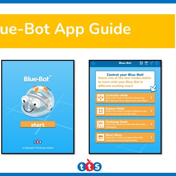 Picture shows a front cover for the Blue-Bot App, featuring a picture of the start and menu page.