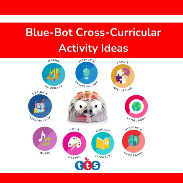 Blue-Bot Cross-Curricular Activity Ideas Front Cover, featuring a photograph of Blue-Bot and primary curriculum icons.