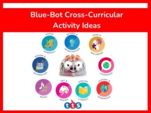 Blue-Bot Cross-Curricular Activity Ideas Front Cover, featuring a photograph of Blue-Bot and primary curriculum icons.