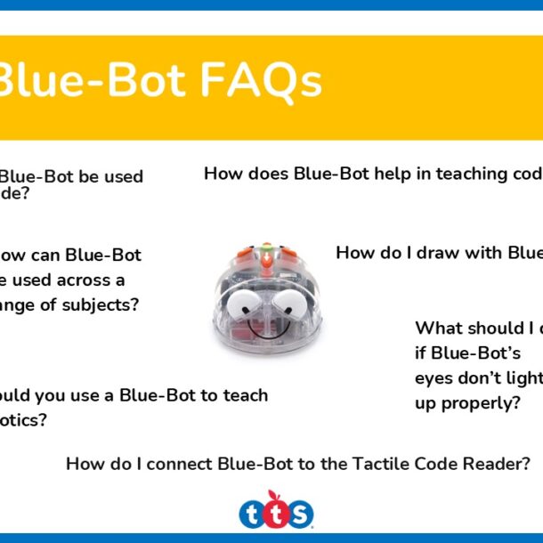Blue-Bot FAQs Front Cover, featuring an image of Blue-Bot with some frequently asked questions around it.