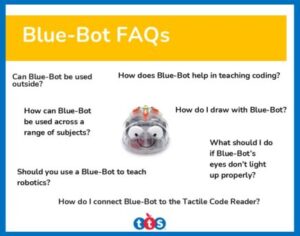 Blue-Bot FAQs Front Cover, featuring an image of Blue-Bot with some frequently asked questions around it.