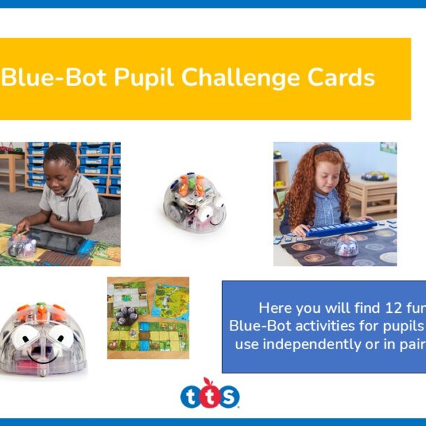 Blue-Bot Pupil Challenge Card Front Cover, featuring images of Blue-Bot and school children using the resource.