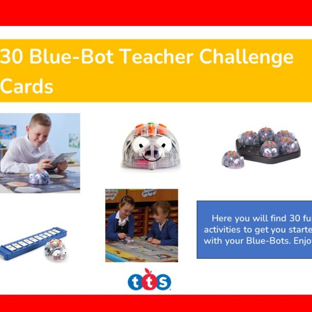 Blue-Bot Teacher Challenge Cards Front Cover, featuring an image of Blue-Bot, some of Blue-Bot's accessories and photographs of children using Blue-Bot with some of its accessories.