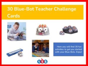 Blue-Bot Teacher Challenge Cards Front Cover, featuring an image of Blue-Bot, some of Blue-Bot's accessories and photographs of children using Blue-Bot with some of its accessories.