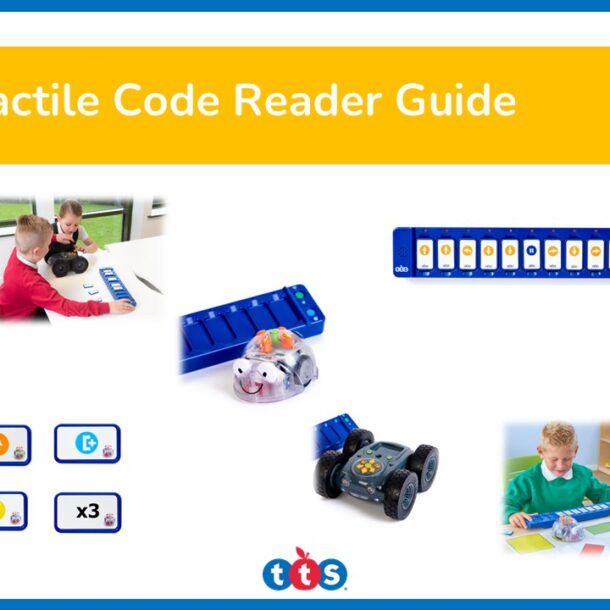 Image shows the front cover to a Tactile Code Reader Guide, featuring Blue-Bot and Rugged Robot, as well as images of the tactile code reader and its tiles, and children using the resources.