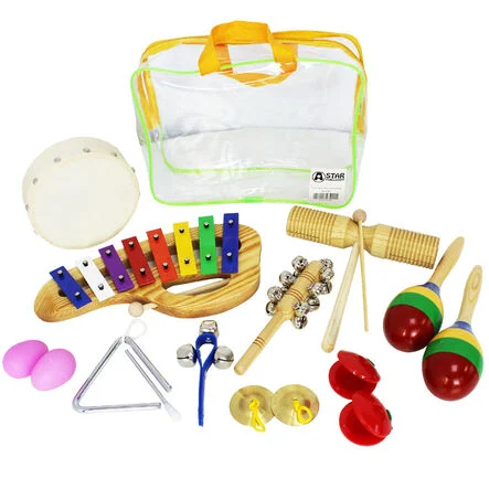 Image shows a children's percussion pack, featuring a xylophone, guiro, shakers, bells and triangles.