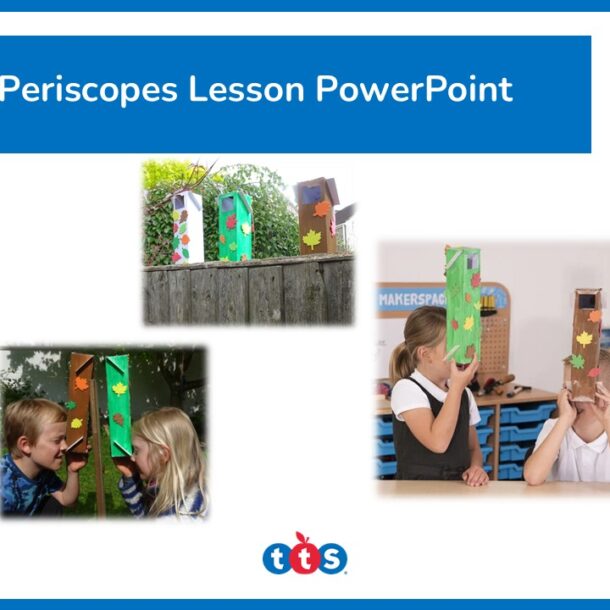 Periscopes Lesson PowerPoint front cover, featuring the title and images of homemade periscopes and children using the periscopes.