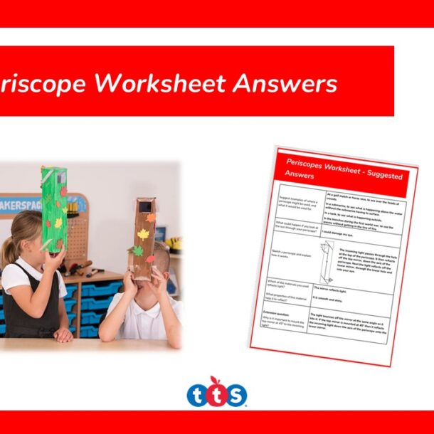 Periscopes worksheet suggested answers front cover, featuring a photograph of children using homemade periscopes and an image of the answer sheet.