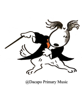 Image shows a dog wearing a music conductor's coat and tails, holding a baton.