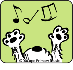 Cartoon image to represent pitch - it shows a dog reaching into the air with musical notes above it for teaching pitch, rhythm and pulse. 