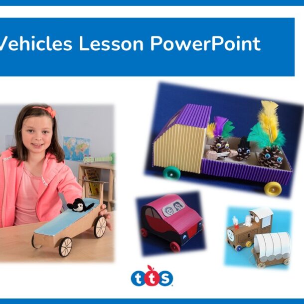 Vehicles Lesson PowerPoint Front Cover, featuring the title and photographs of the vehicles and a girl using the vehicle.