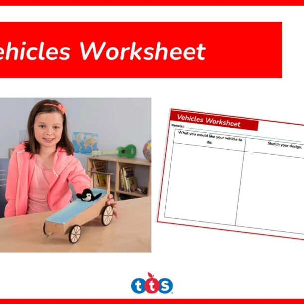 Vehicles Worksheet Front cover, featuring an image of the worksheet and a girl using the vehicle.