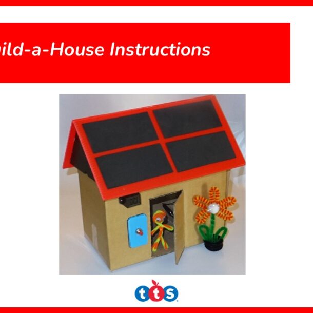 Image of the Build-a-House Instructions Front Cover, featuring a built house from the kit.