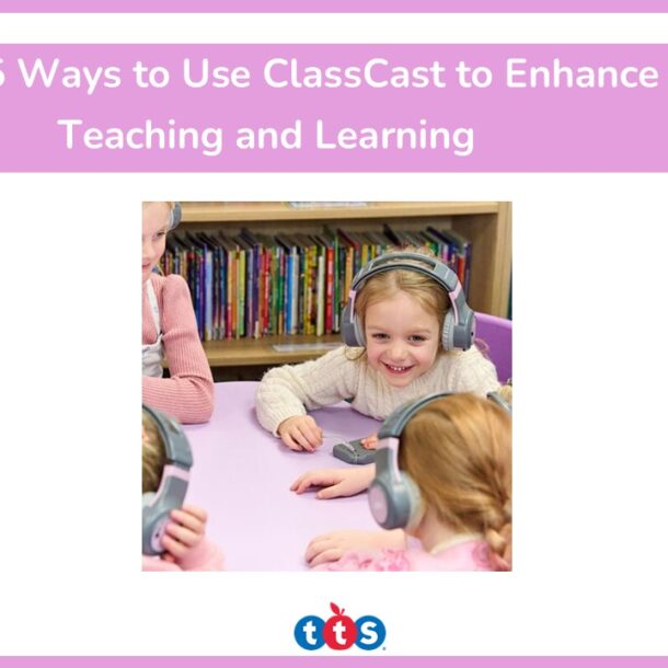 ClassCast Activities Front Cover, featuring an image of school children wearing the headphones in a school library setting.