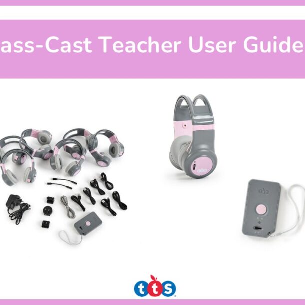 Image shows a front cover for the ClassCast user guide, featuring photographs of all the items that you get in a ClassCast set.